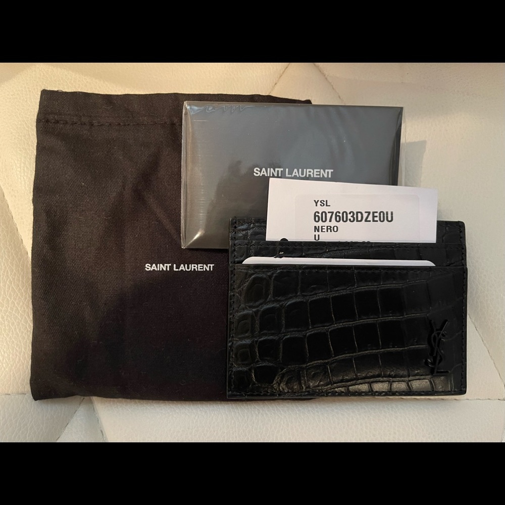 YSL Black leather embossed croc wallet with black ysl logo hardware